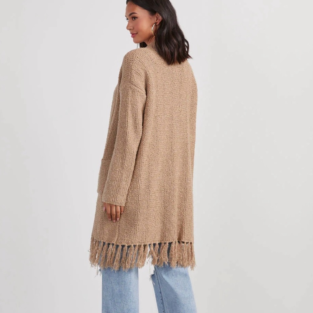 Bass Tan Fringed Long Cardigan